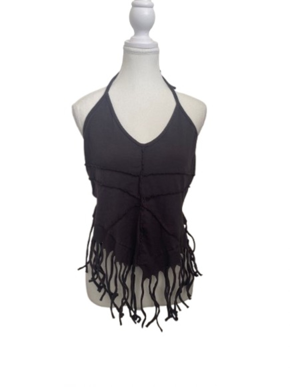 Mishu Black Fringe Halter Tank Top V-Neck Boho Festival